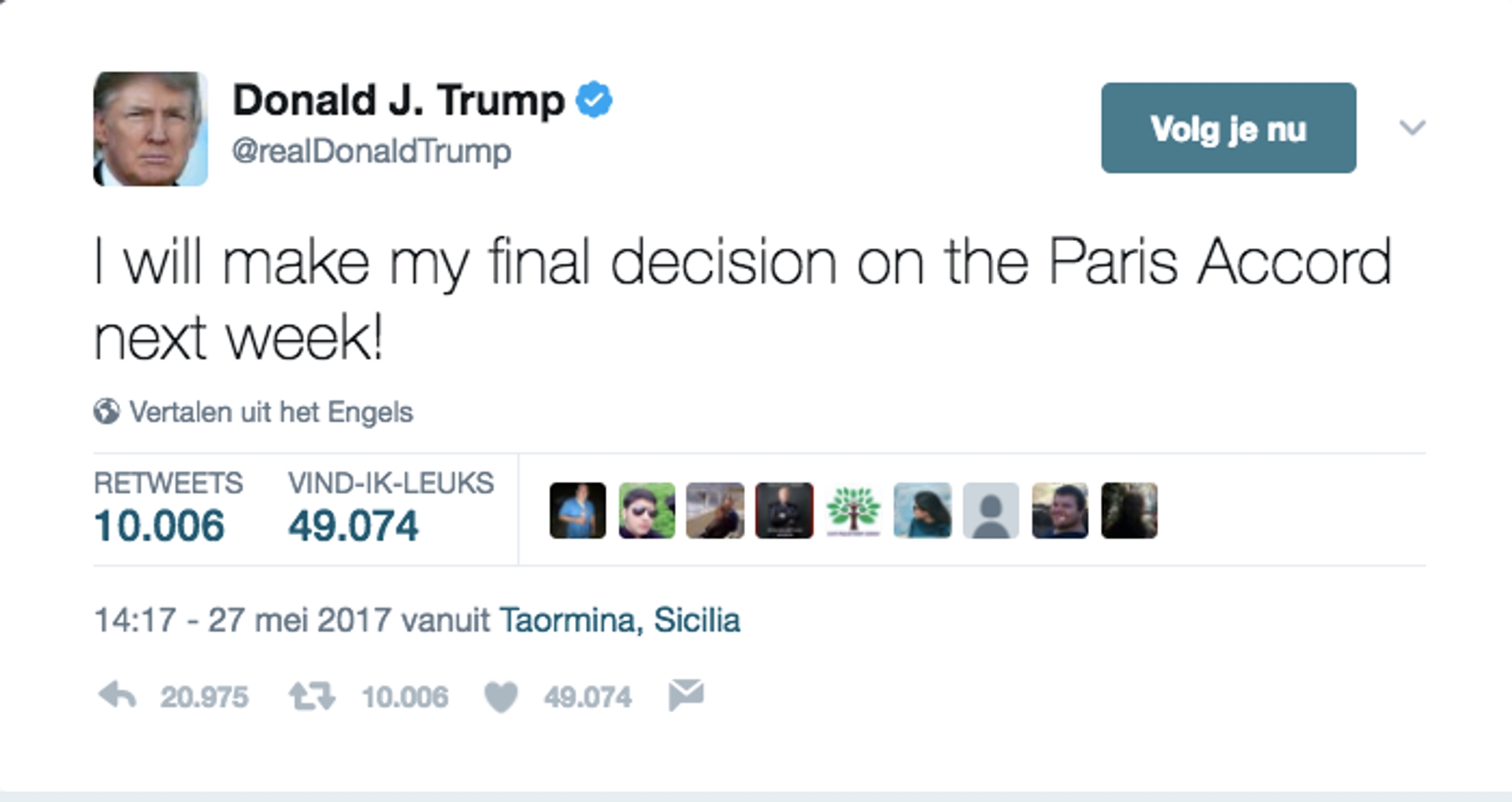 Donald Trump tweet klimaatakkoord Parijs