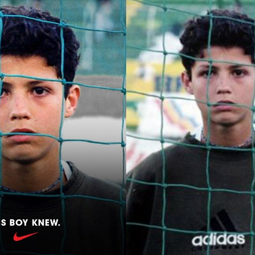 O ironie: Nike pronkt met jonge Ronaldo in een Adidas-sweater